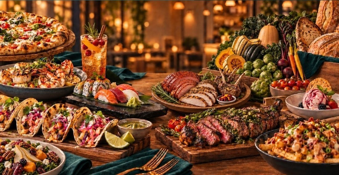 A vibrant full spread of Food Show dishes, proteins, seafood, produce, breads, and menu inspiration